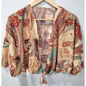 Shein Paisley Print Deep V-Neck Front-Tie Bohemian Style Cropped Blouse Size M